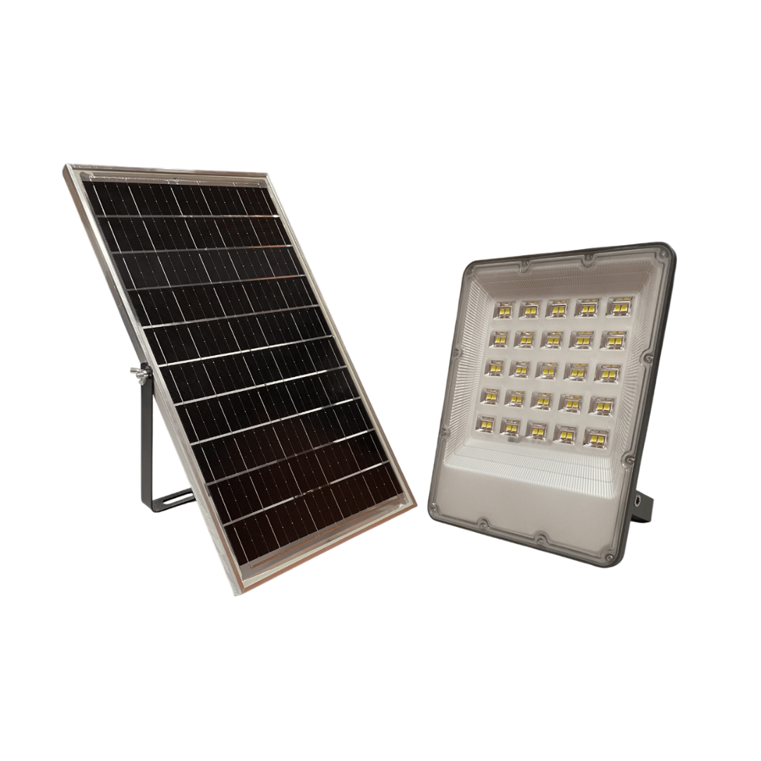 foco proyector solar LED Maxfer 200W con panel bifacial para exteriores